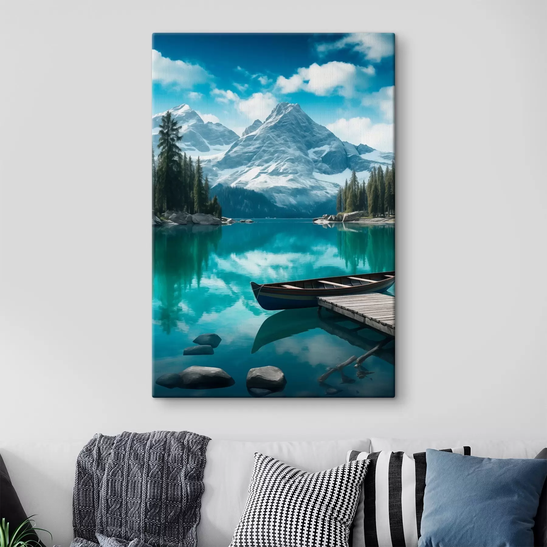 Obraz Alpské jezero s kánoí a zasněženými vrcholky Č. s46481