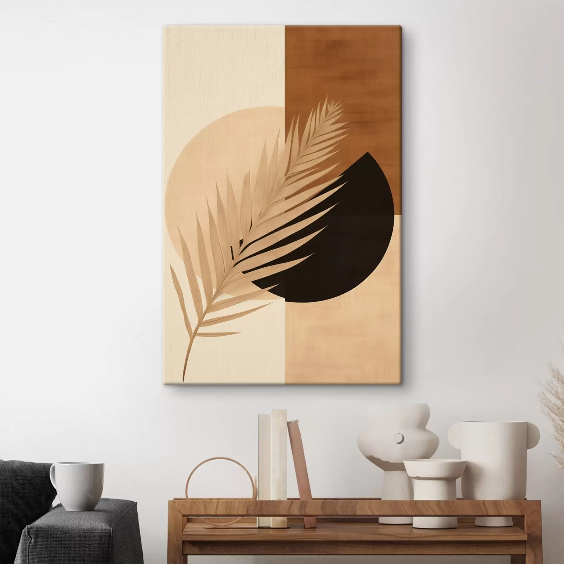 Obraz Palmový list nad terakotovou a krémovou geometrií Č. s46490