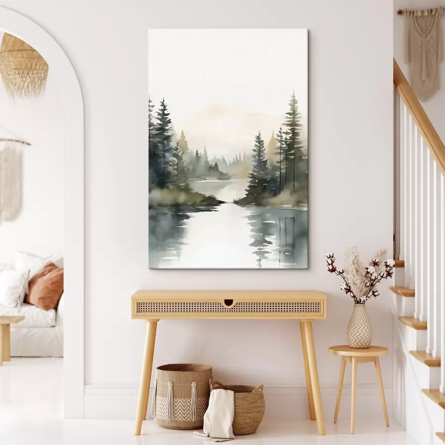 Obraz Mlhavý jehličnatý les nad klidnou řekou, akvarelový styl Č. s46507