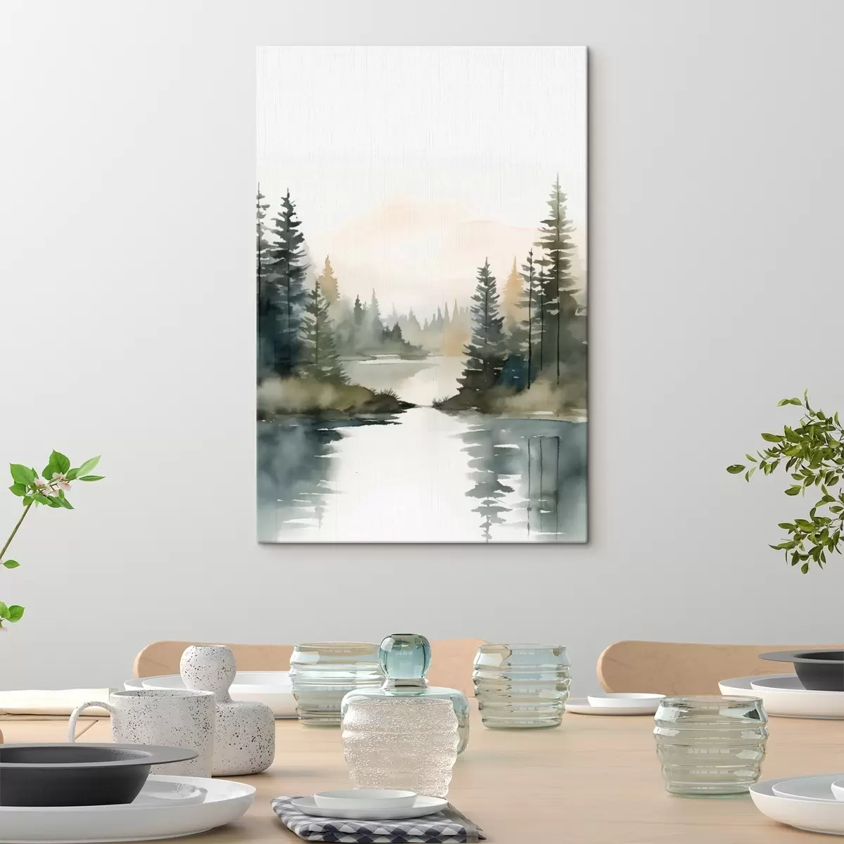 Obraz Mlhavý jehličnatý les nad klidnou řekou, akvarelový styl Č. s46507