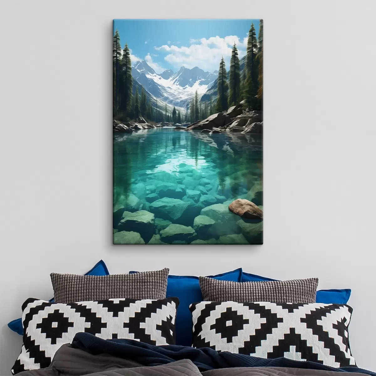 Obraz Čistá alpská řeka se skalnatým dnem a zasněženými vrcholky Č. s46514