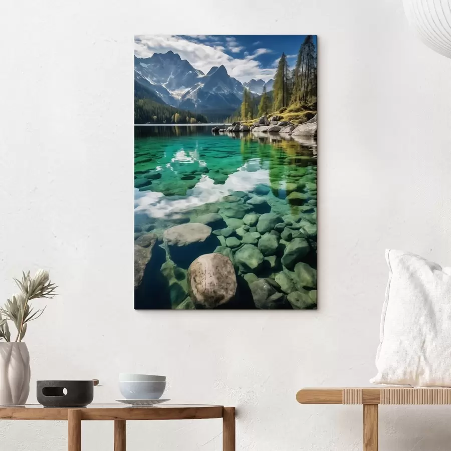 Obraz Smaragdové alpské jezero s kameny pod hladinou a tyčícími se vrcholky hor Č. s46515