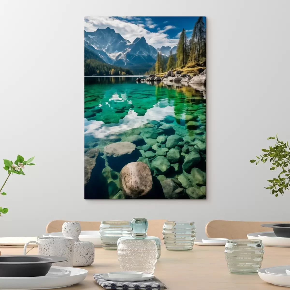 Obraz Smaragdové alpské jezero s kameny pod hladinou a tyčícími se vrcholky hor Č. s46515