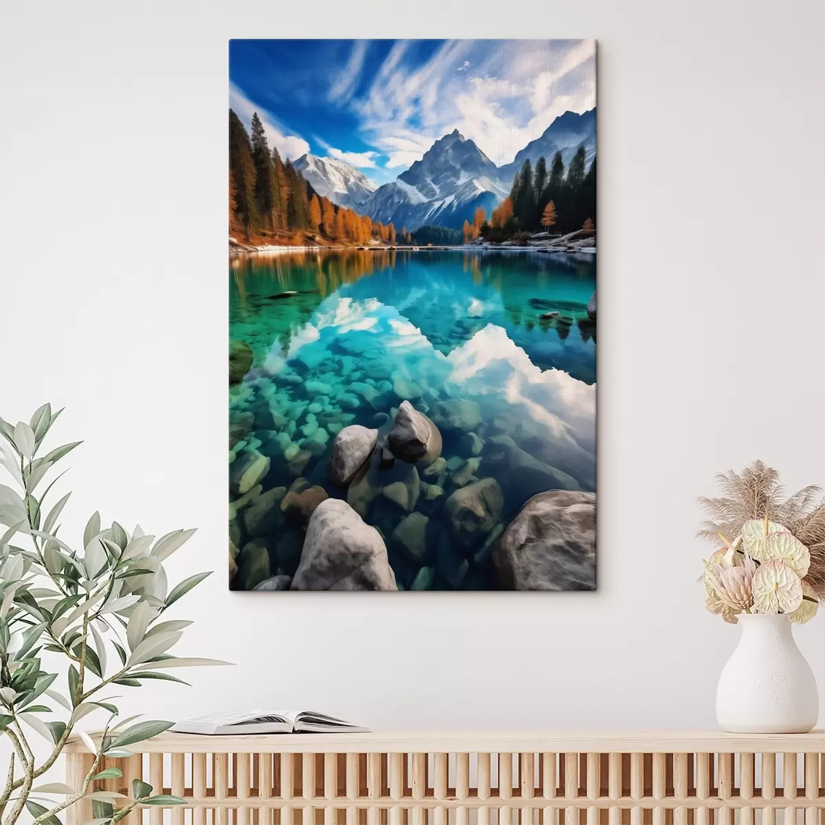 Obraz Horské jezero s tyrkysovou vodou a podzimními modříny Č. s46517