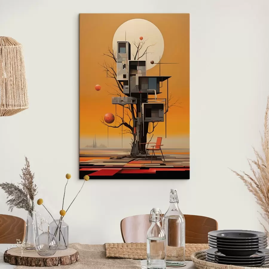 Obraz Surrealistický stromový dům na oranžovém pozadí Č. s46526