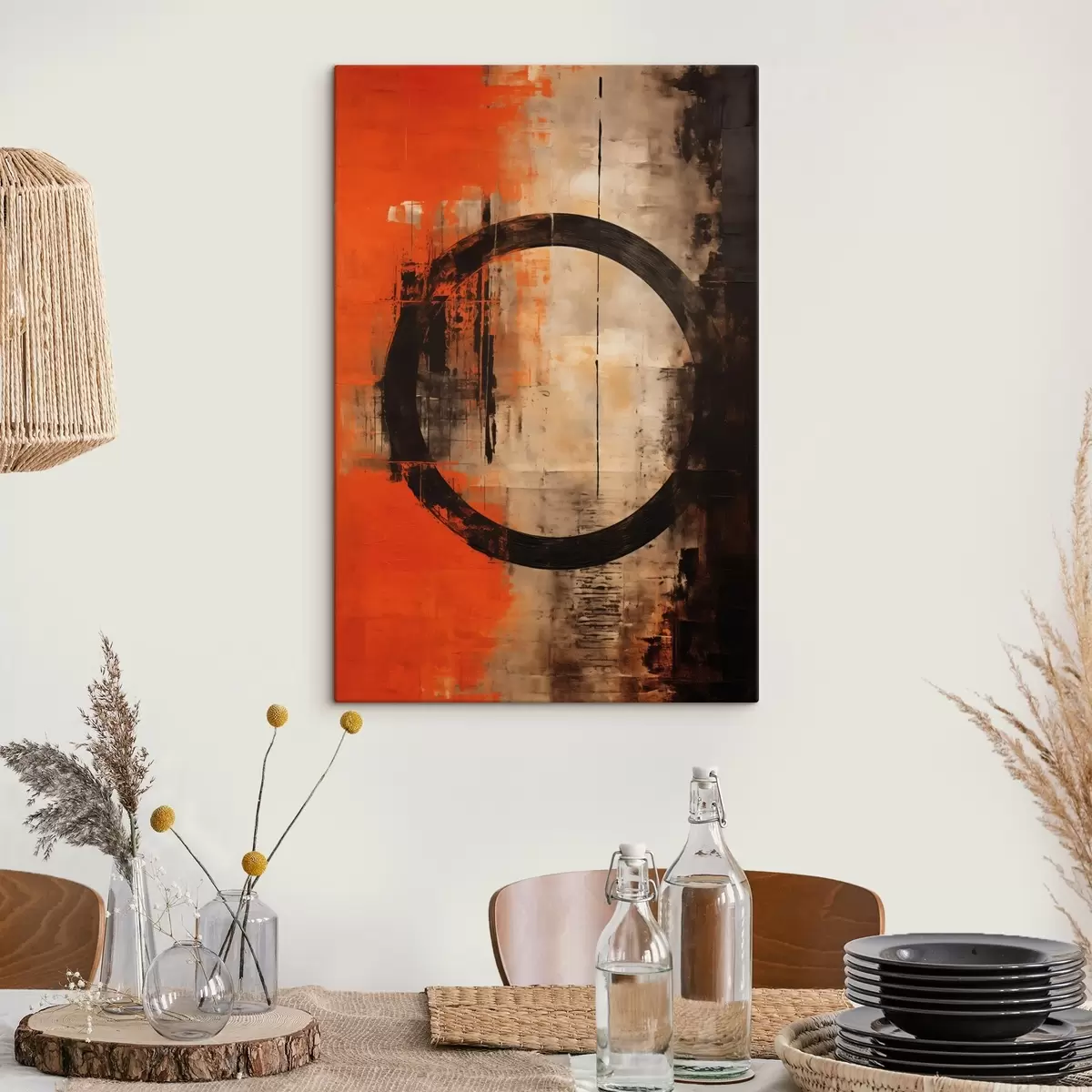Obraz Abstraktní obraz s velkým černým kruhem a teplými texturami Č. s46528