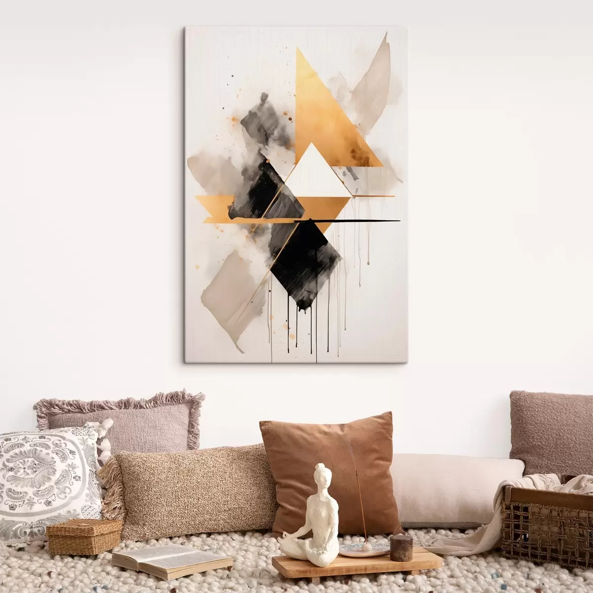 Obraz Geometrie s trojúhelníky a černým kosočtvercem, béžové tahy Č. s46539