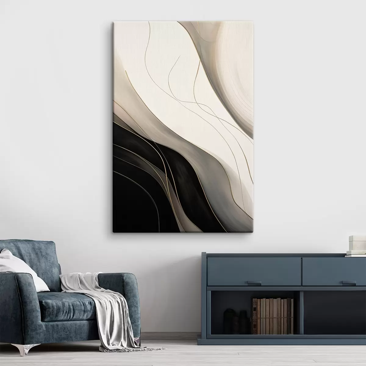 Obraz Vlny v černé a béžové barvě s jemnými okrovými linkami Č. s46541