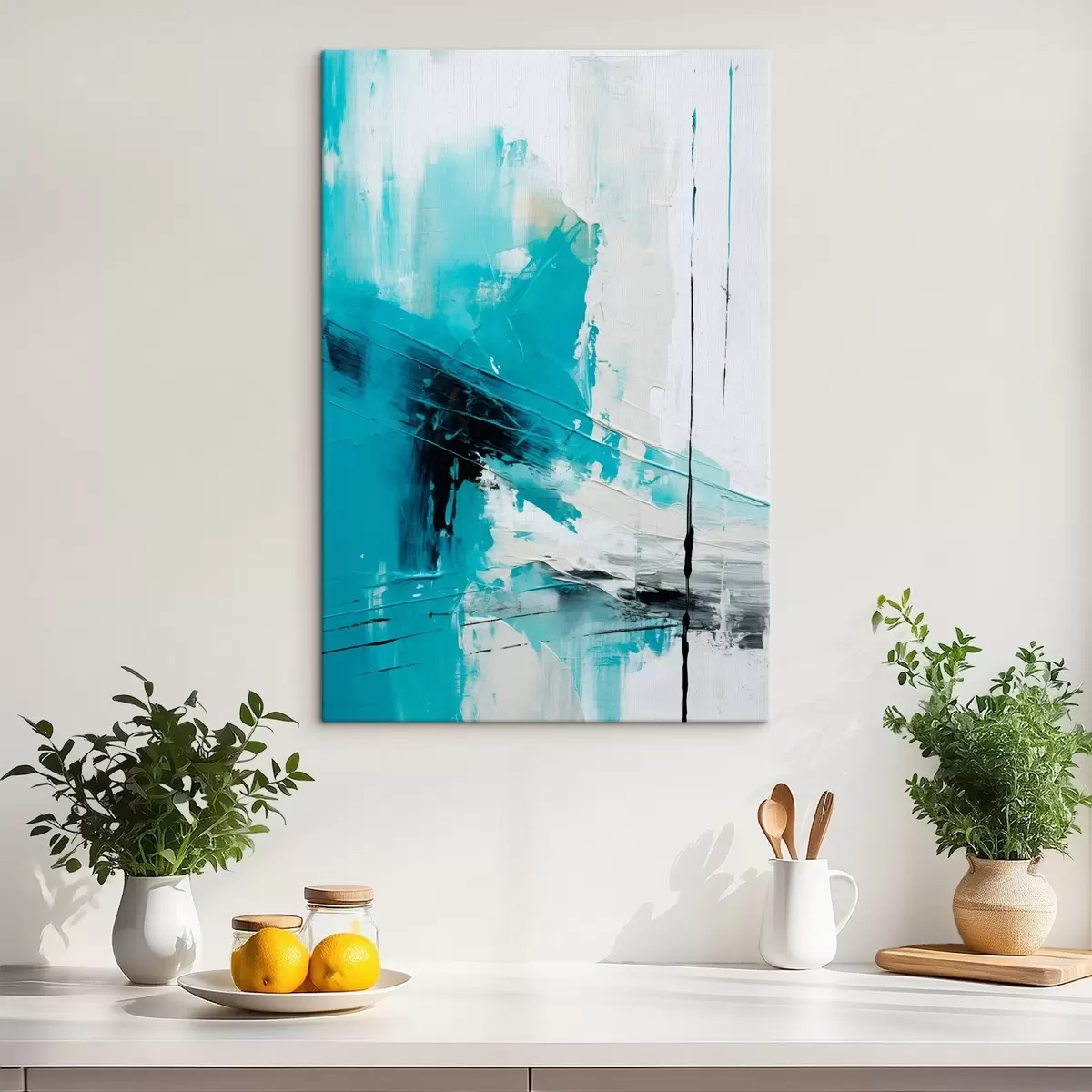 Obraz Tyrkysové tahy na bílém pozadí s černou čárkou Č. s46545