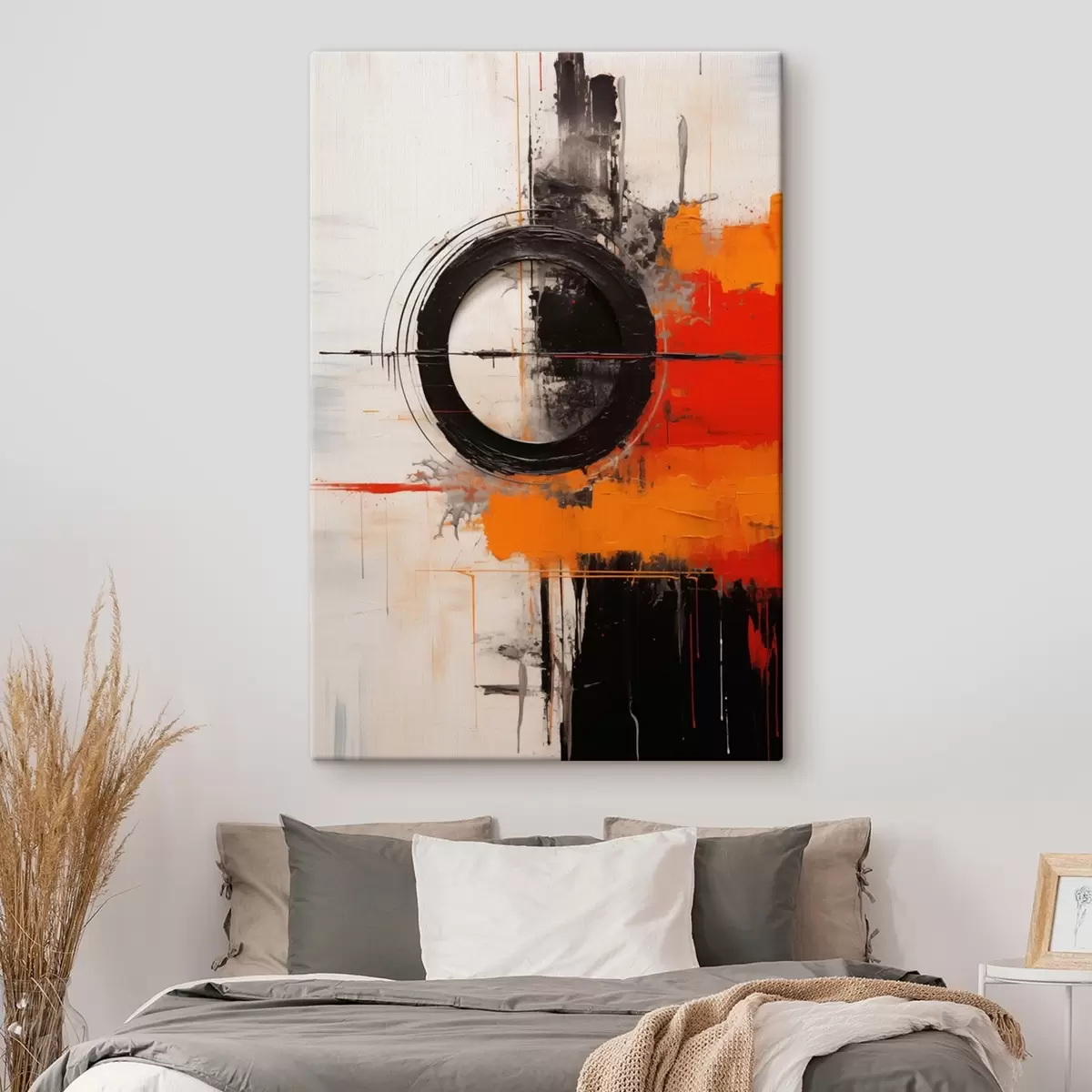 Obraz Černý kruh na bílém pozadí, oranžové tahy a skvrny Č. s46549