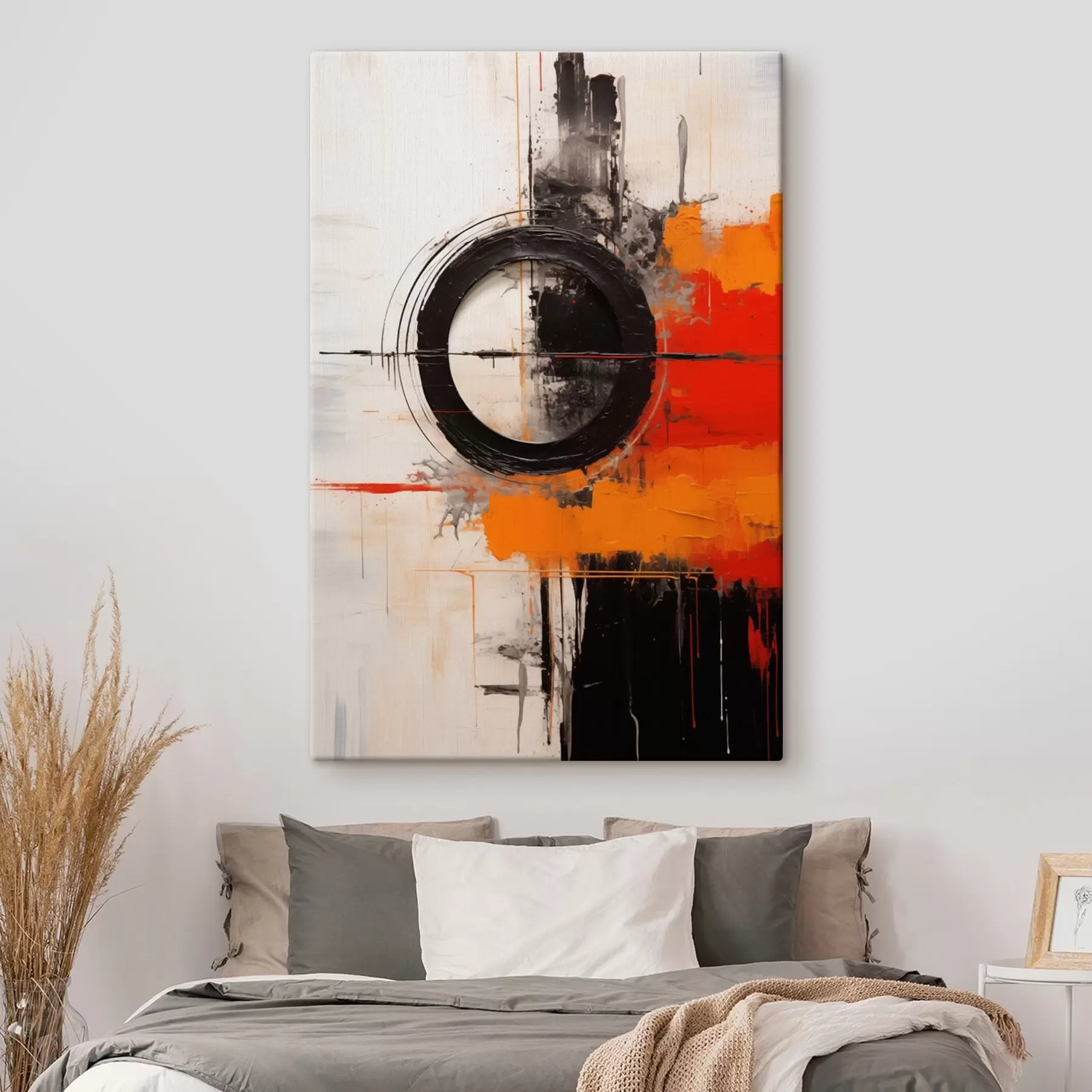 Obraz Černý kruh na bílém pozadí, oranžové tahy a skvrny Č. s46549
