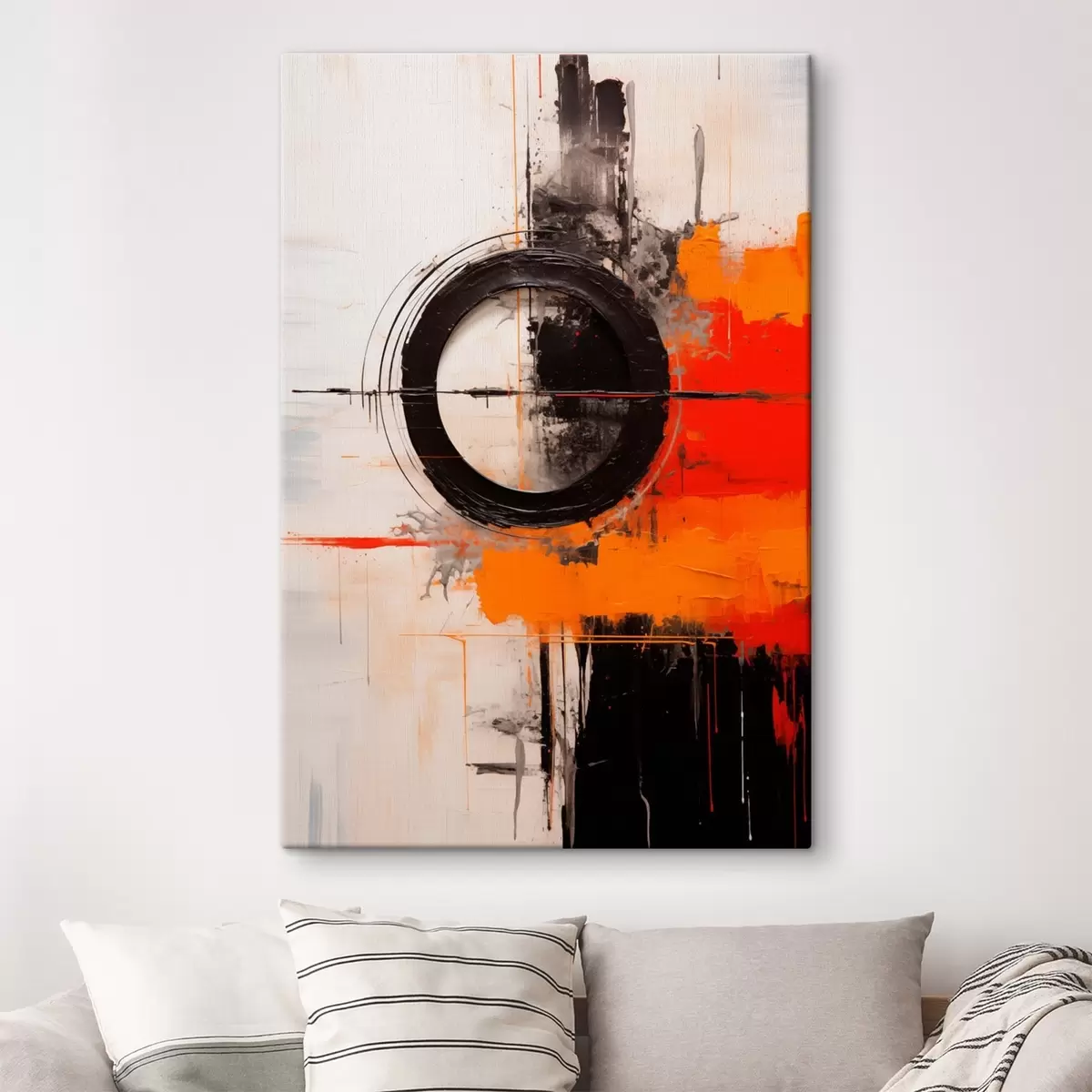Obraz Černý kruh na bílém pozadí, oranžové tahy a skvrny Č. s46549