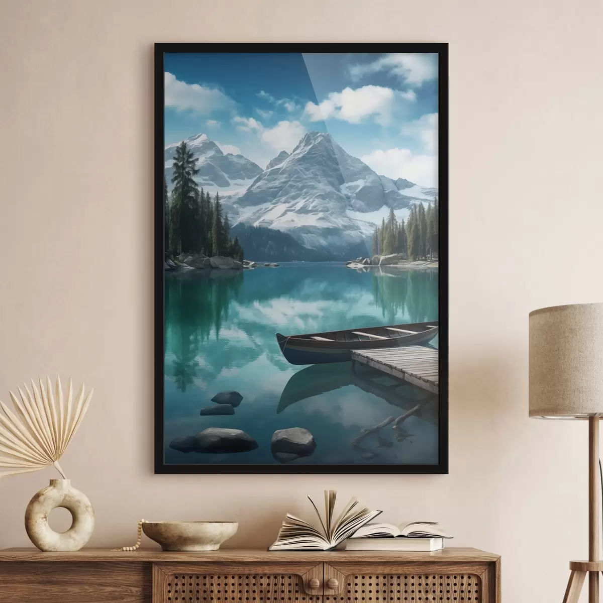 Poster Alpské jezero s kánoí a zasněženými vrcholky f46481