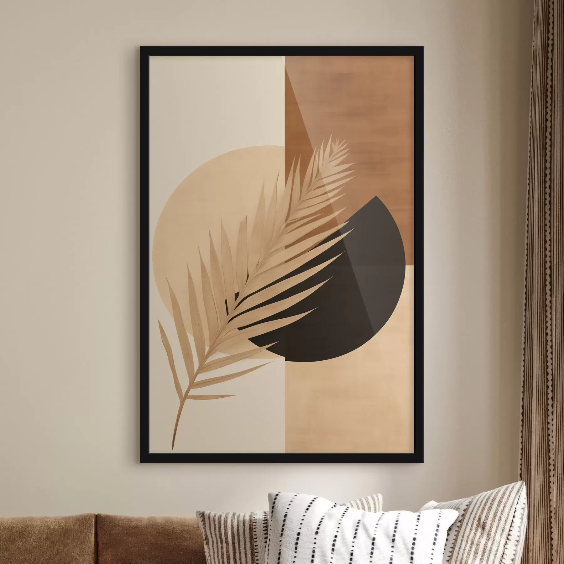 Fototapet Palmový list nad terakotovou a krémovou geometrií f46490