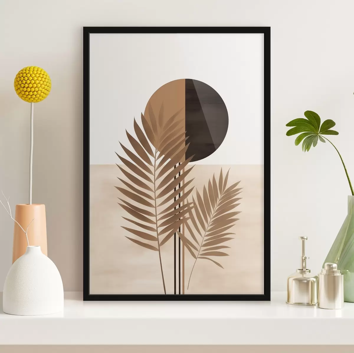 Poster Dvě palmové listy s motivem rozděleného kruhu slunce f46491