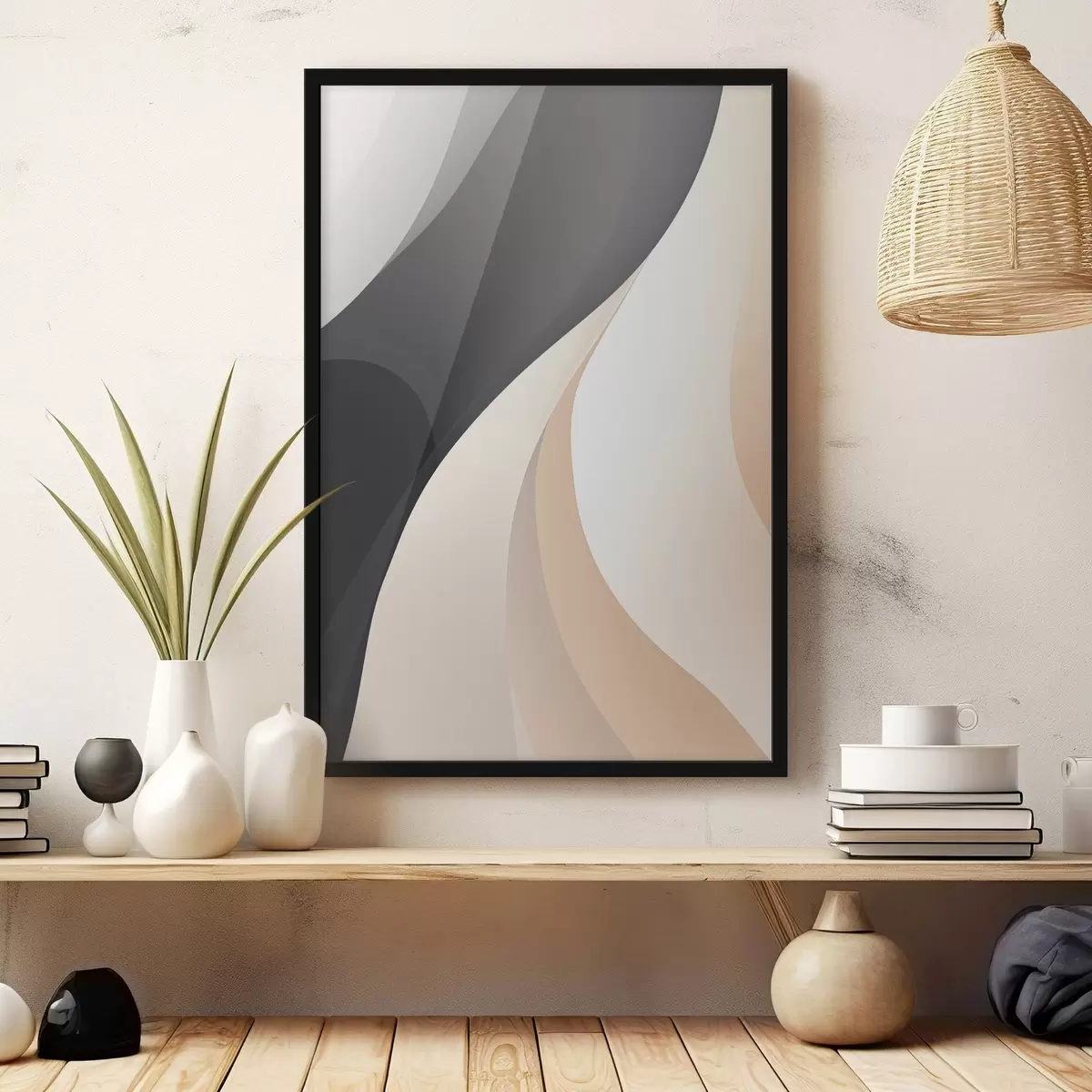 Poster Elegantní překrývající se křivky v barvách uhlí, slonové kosti a písku f46493