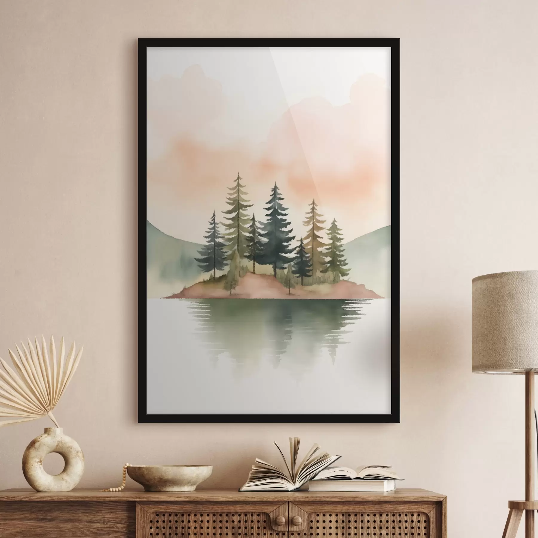 Fototapet Akvarelové borovice na zamlženém ostrůvku, jemně broskvová obloha f46505