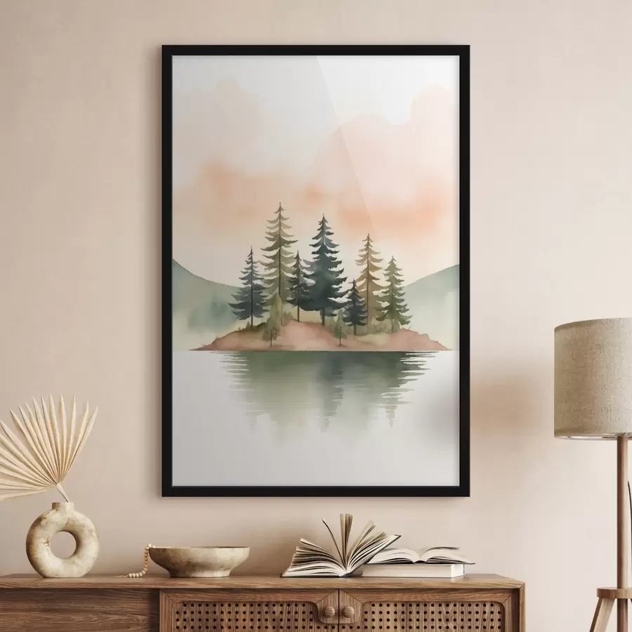 Fototapet Akvarelové borovice na zamlženém ostrůvku, jemně broskvová obloha f46505