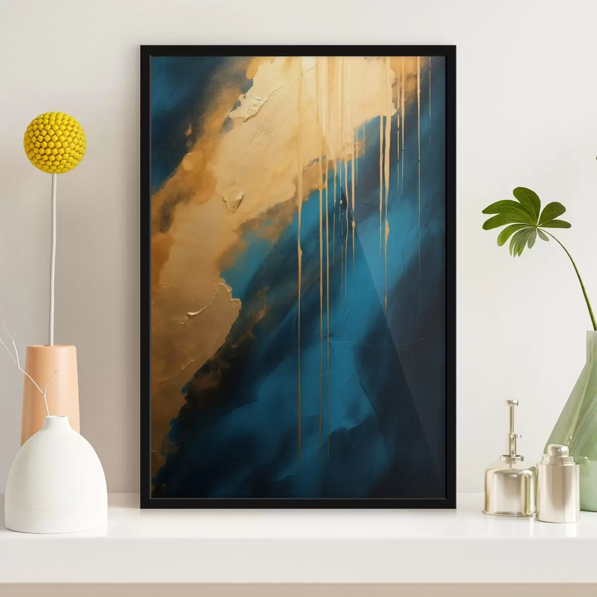 Poster Tyrkysová a tmavě modrá abstrakce s tekoucími teplými odlesky f46509