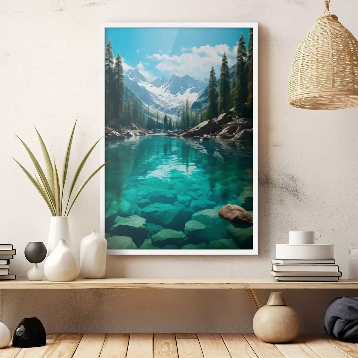 Poster Čistá alpská řeka se skalnatým dnem a zasněženými vrcholky f46514