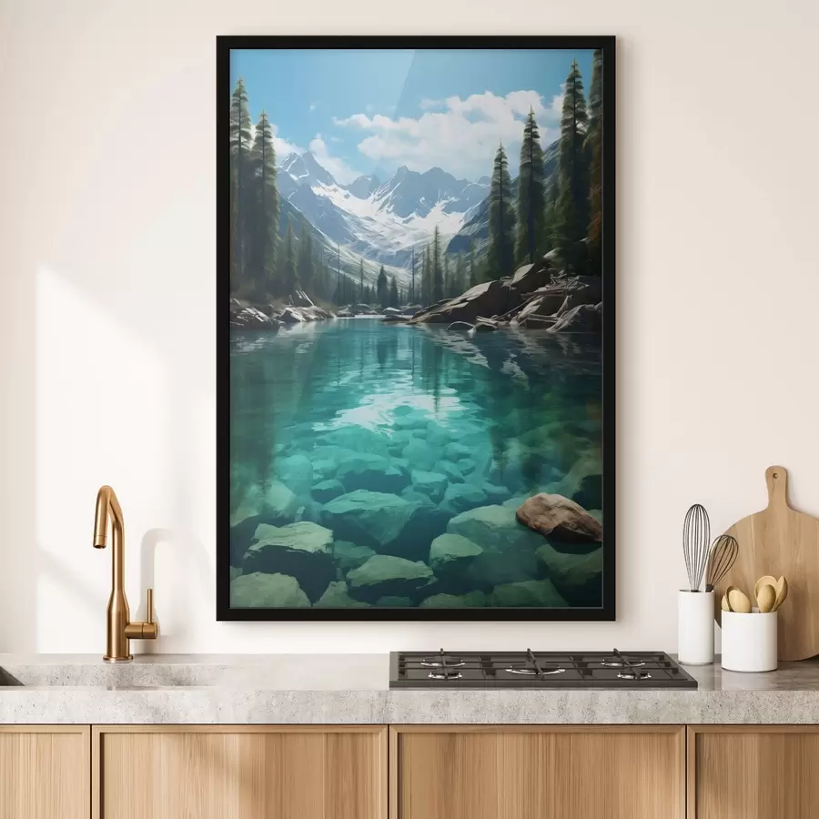 Fototapet Čistá alpská řeka se skalnatým dnem a zasněženými vrcholky f46514