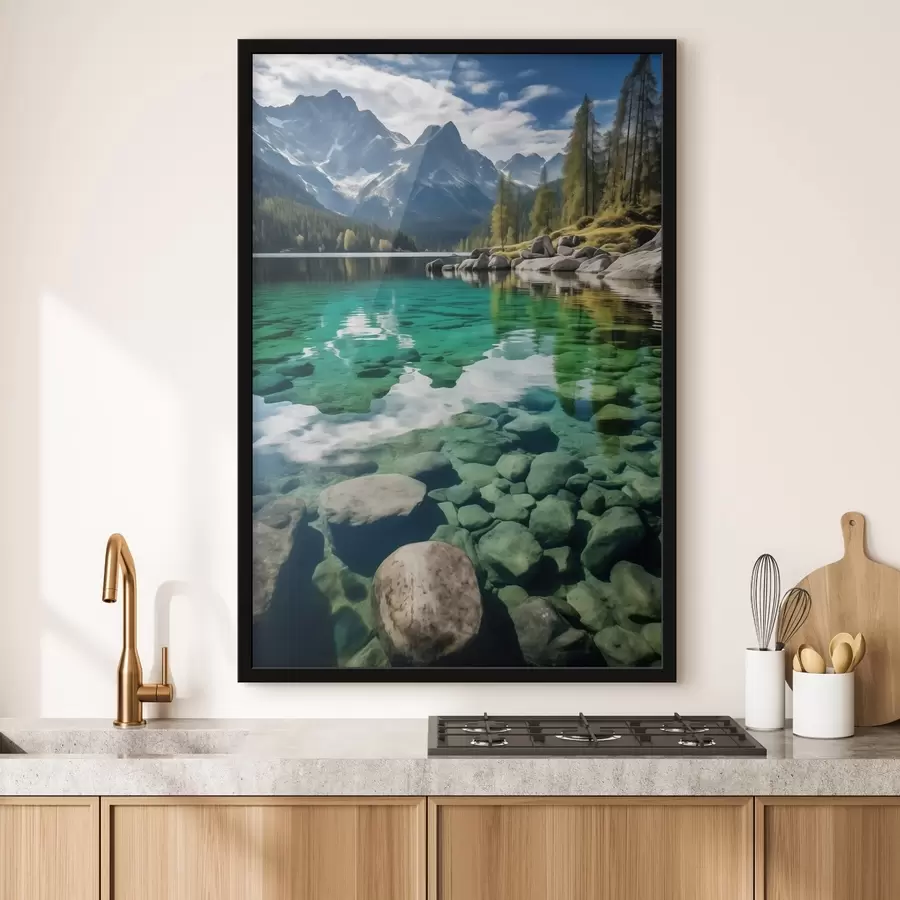 Fototapet Smaragdové alpské jezero s kameny pod hladinou a tyčícími se vrcholky hor f46515