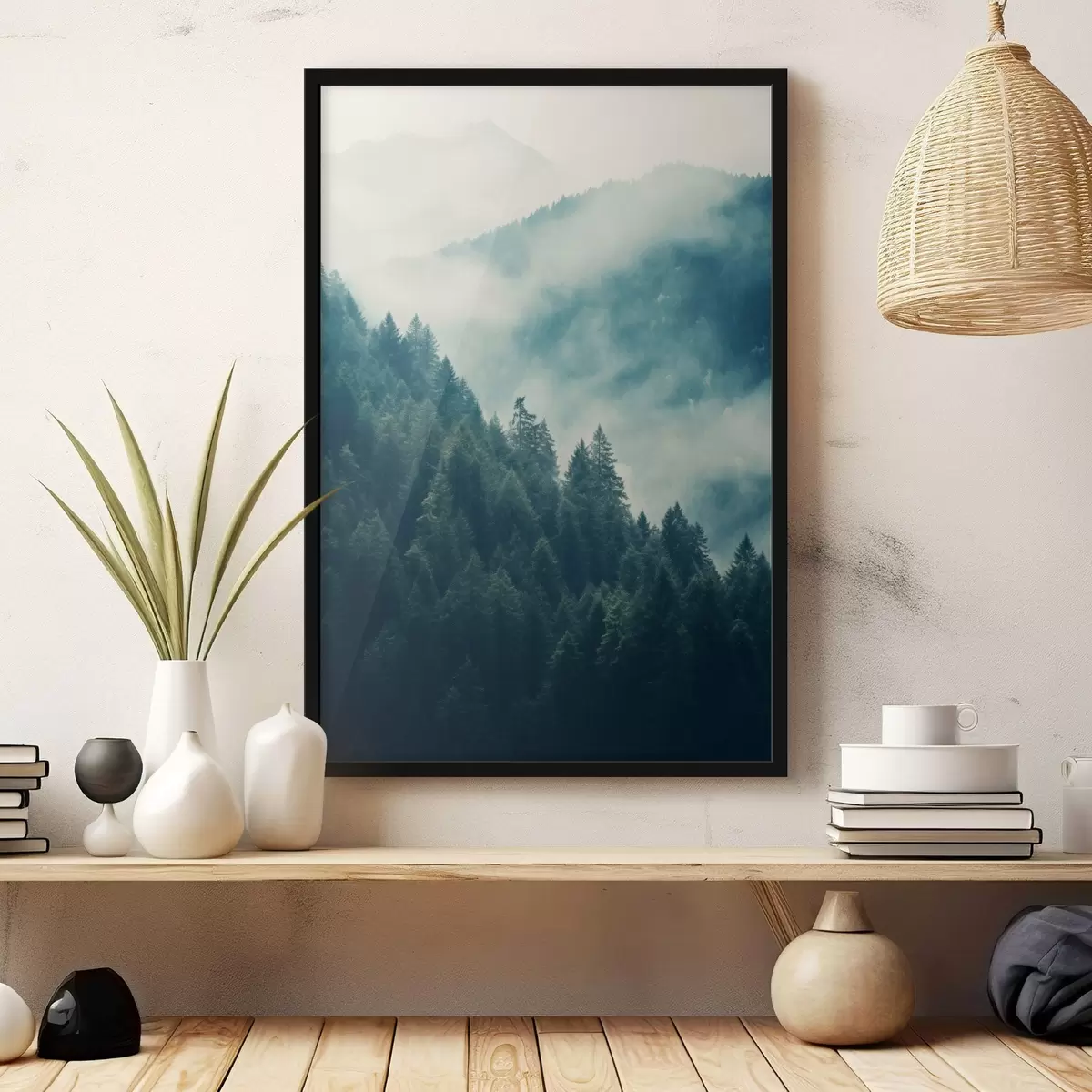 Poster Zamlžené horské hřebeny a temný jehličnatý les f46518