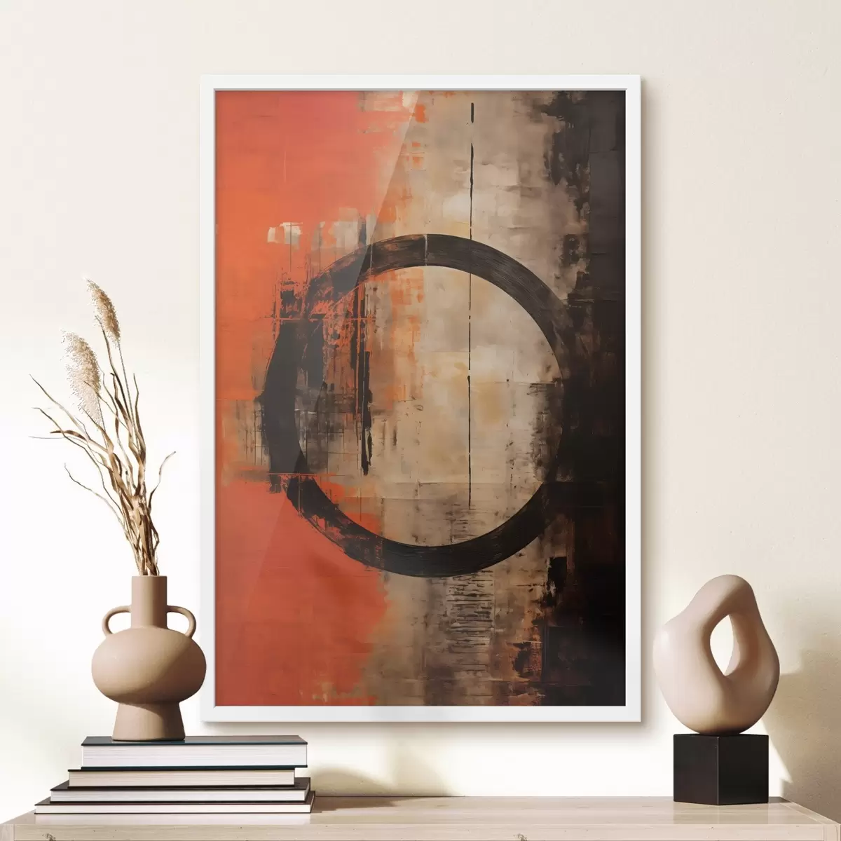 Poster Abstraktní obraz s velkým černým kruhem a teplými texturami f46528