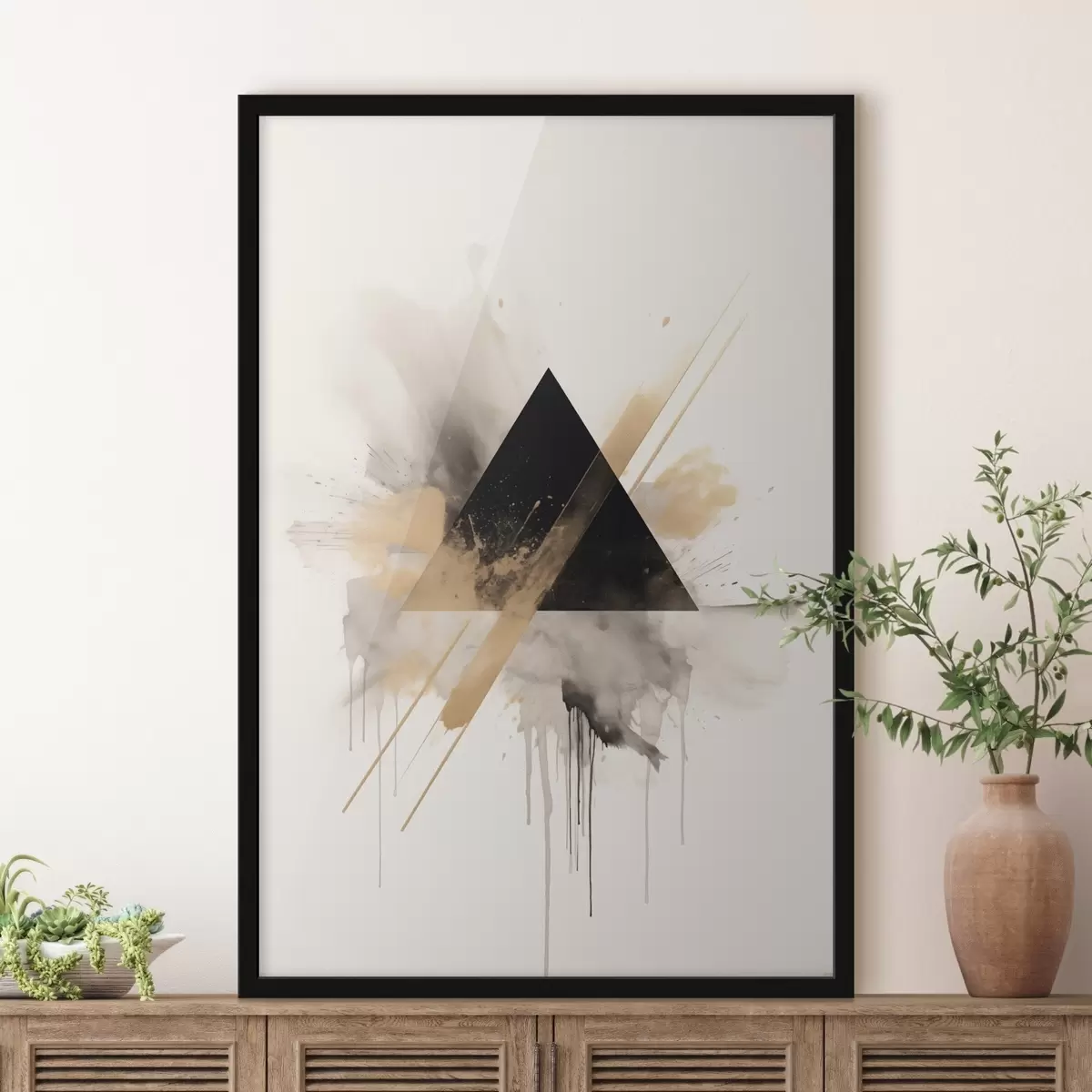 Poster Geometrie: černý trojúhelník se světlými skvrnami a čarami f46540