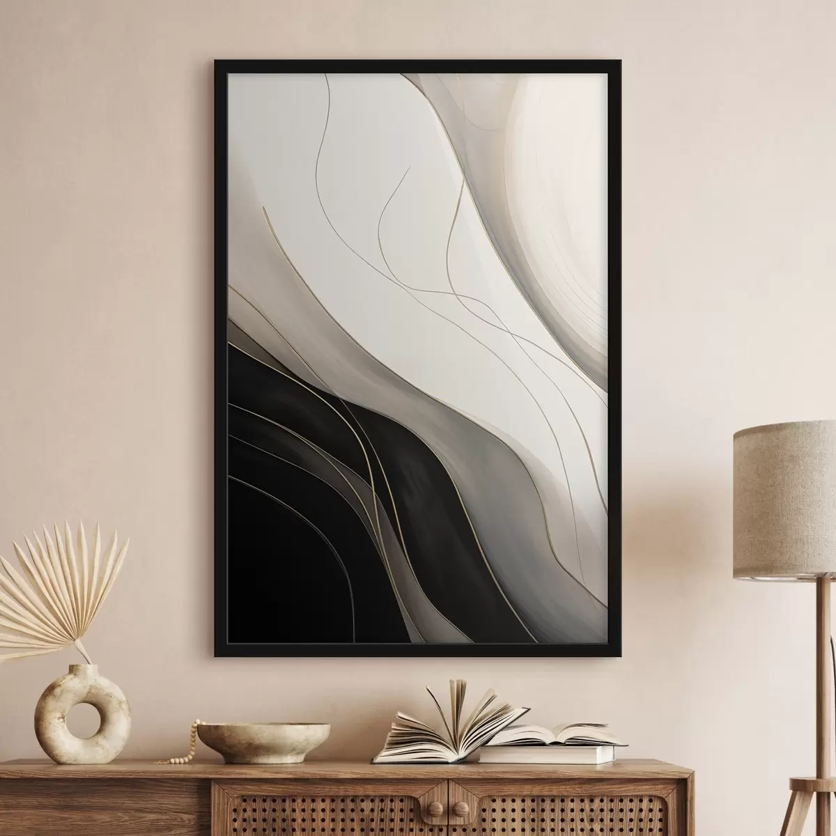 Poster Vlny v černé a béžové barvě s jemnými okrovými linkami f46541