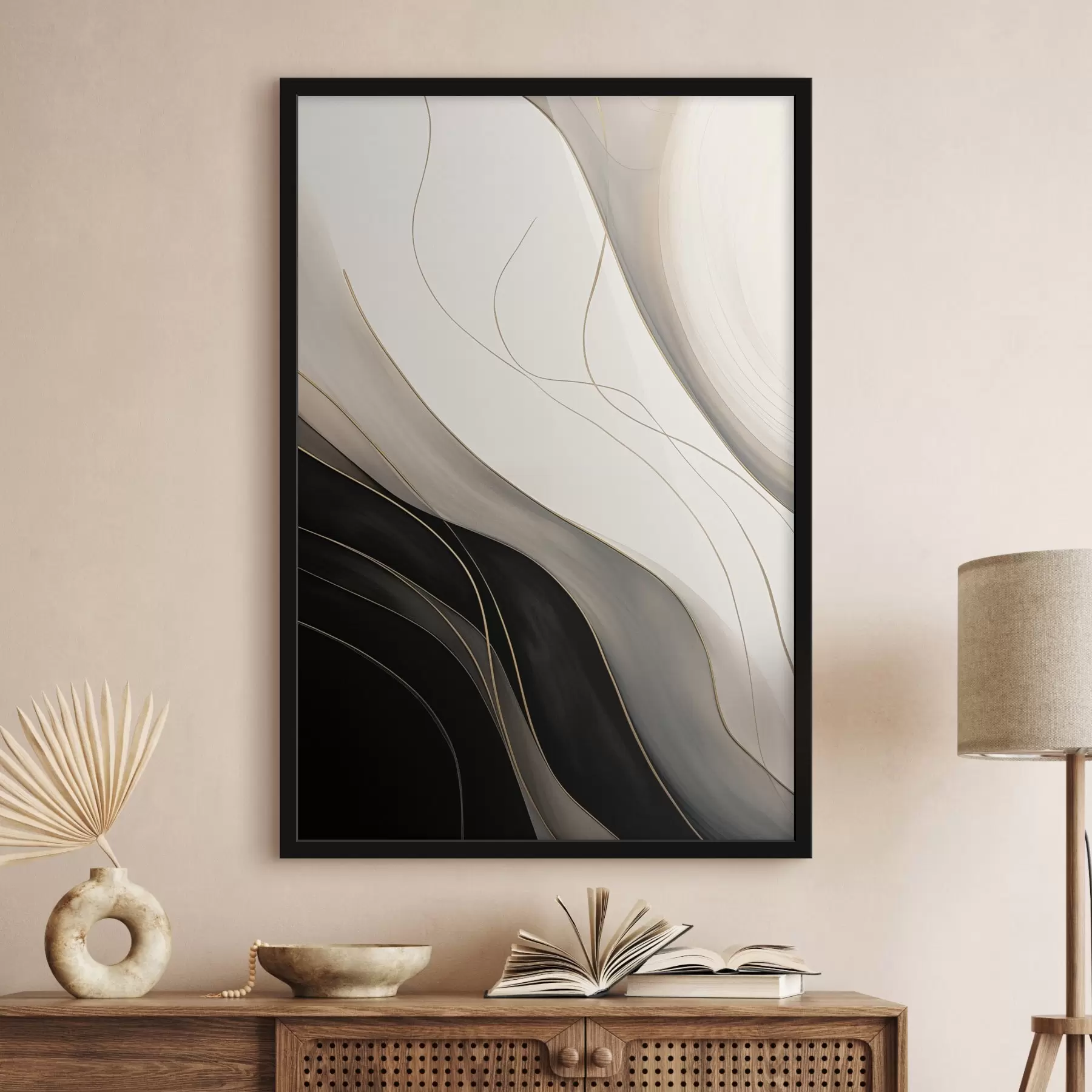 Fototapet Vlny v černé a béžové barvě s jemnými okrovými linkami f46541