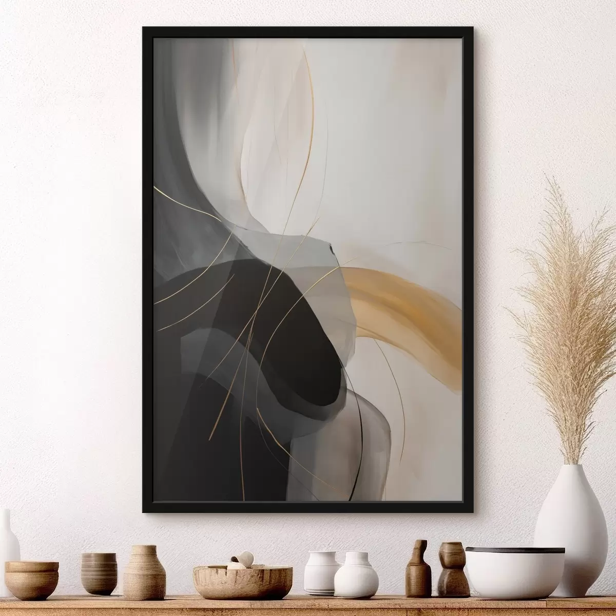 Poster Jemné křivky v černé a béžové barvě s teplým akcentem f46542