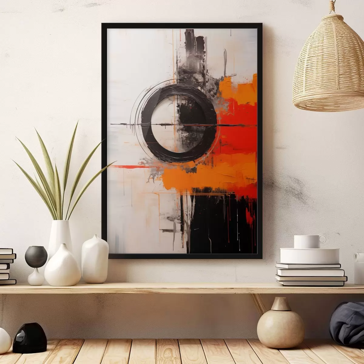 Poster Černý kruh na bílém pozadí, oranžové tahy a skvrny f46549