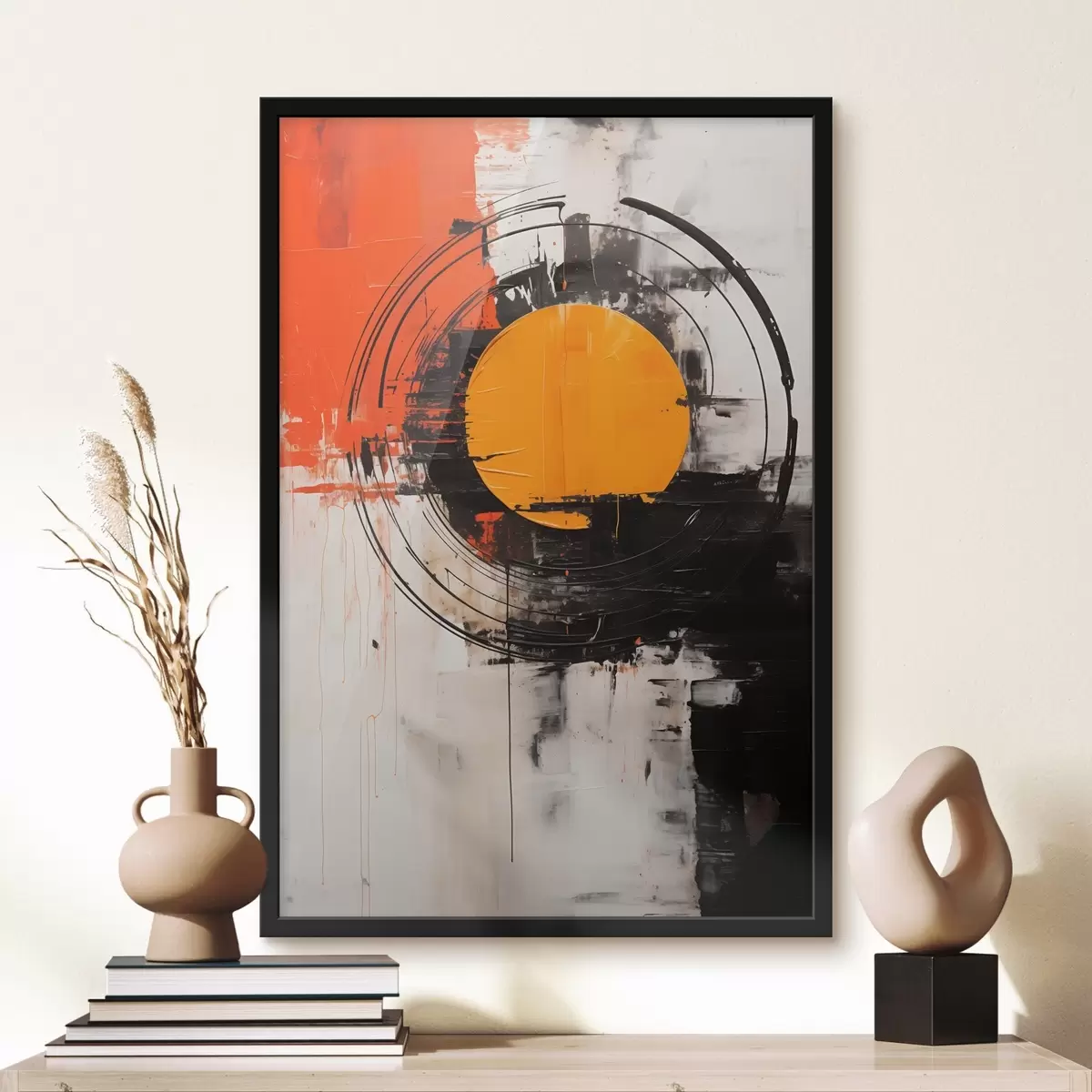 Poster Oranžový disk v černém kruhu, tahy a skvrny f46550