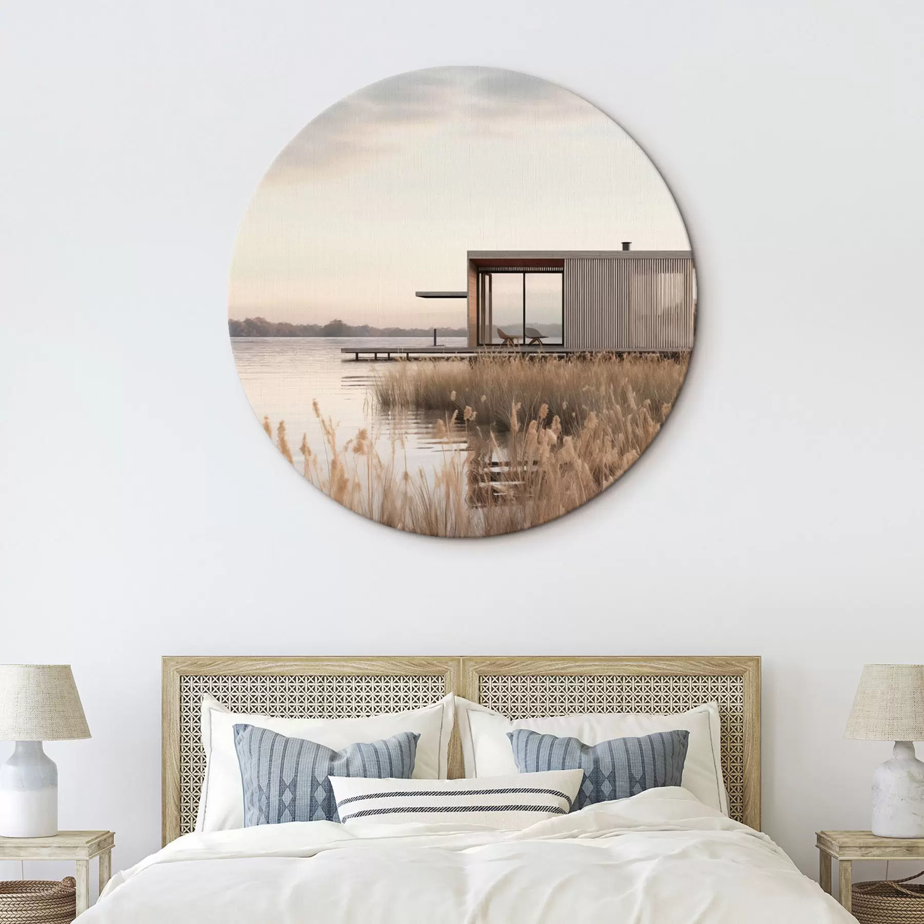 Obraz Moderní chata u jezera mezi rákosím v měkkém soumraku Č. r46513