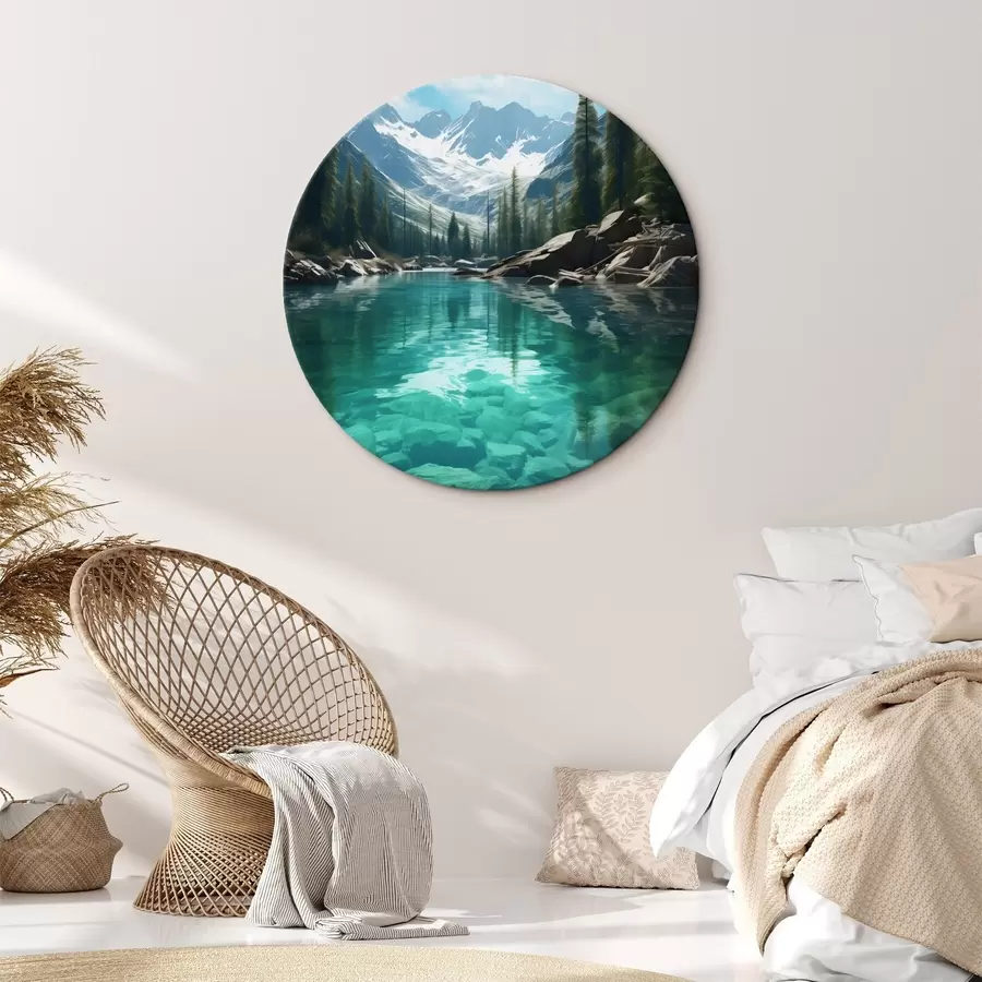 Obraz Čistá alpská řeka se skalnatým dnem a zasněženými vrcholky Č. r46514