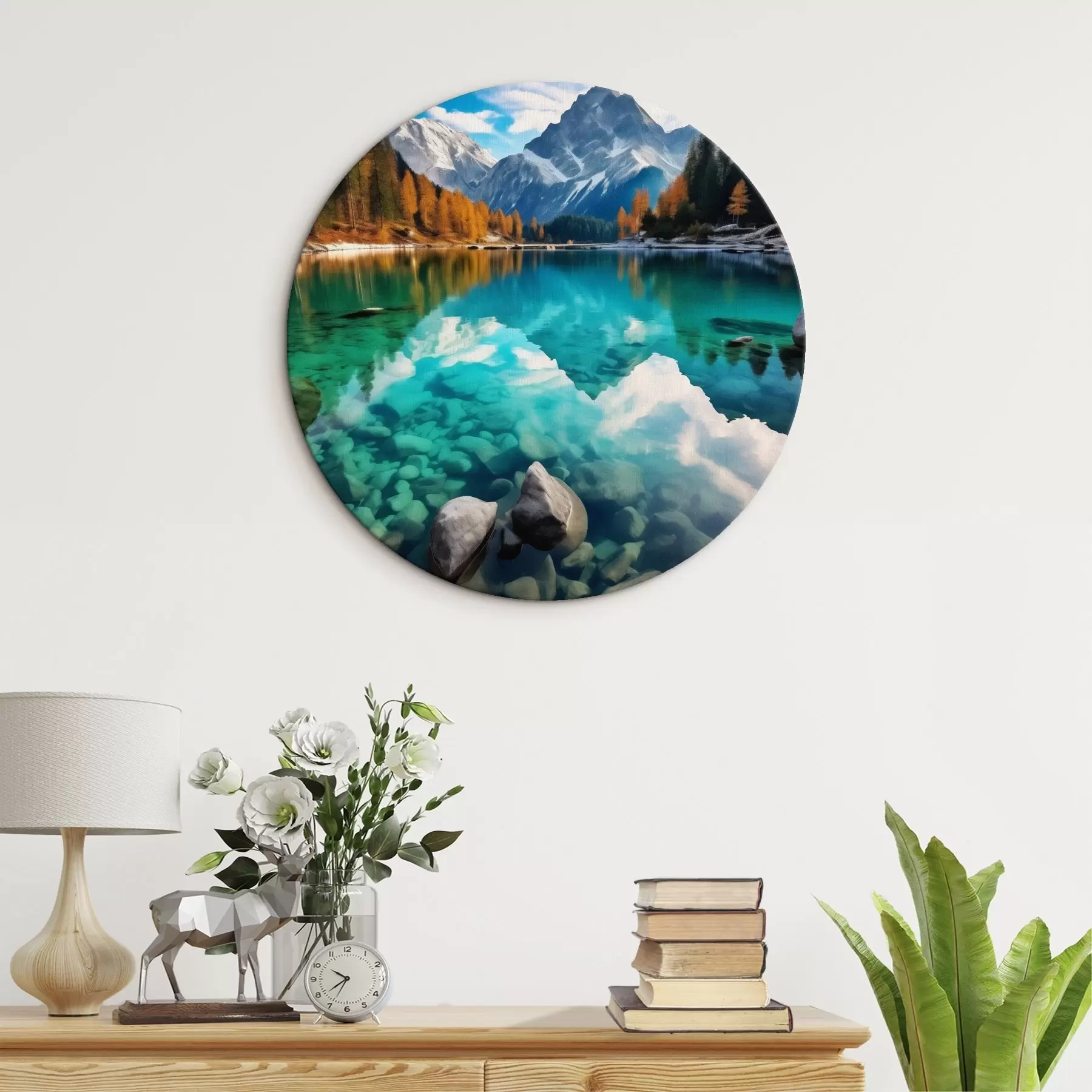 Obraz Horské jezero s tyrkysovou vodou a podzimními modříny Č. r46517