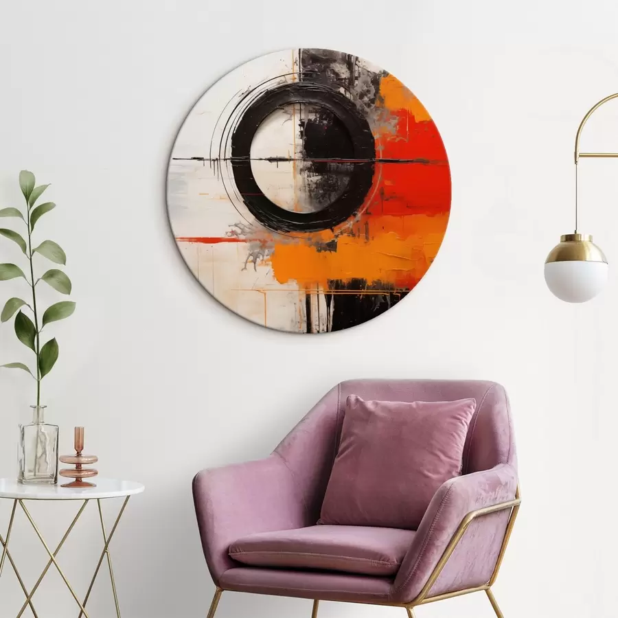 Obraz Černý kruh na bílém pozadí, oranžové tahy a skvrny Č. r46549