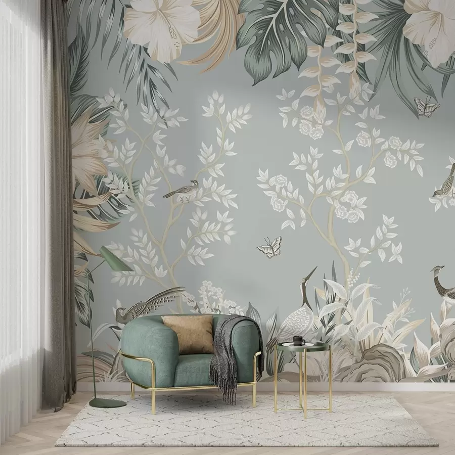 Fototapet Tropické pastelové umění s ptáky, motýly, květy ibišku, palmovými listy a stromy na světle modrém pozadí w09528