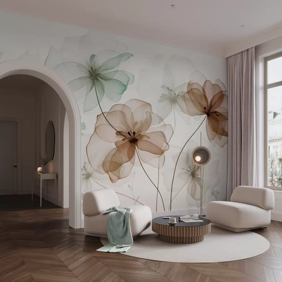 Fototapet Průsvitné květiny s hnědými a zelenými okvětními lístky, dlouhé stonky, světlé pozadí, jemné barvy, texturovaný květinový vzor w09529