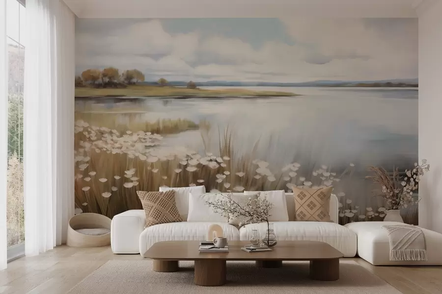 Fototapet Texturovaná krajina, pole bílých květin a vysoké trávy, jezero v pozadí, travnatý kopec se stromy, jemné barvy w09530