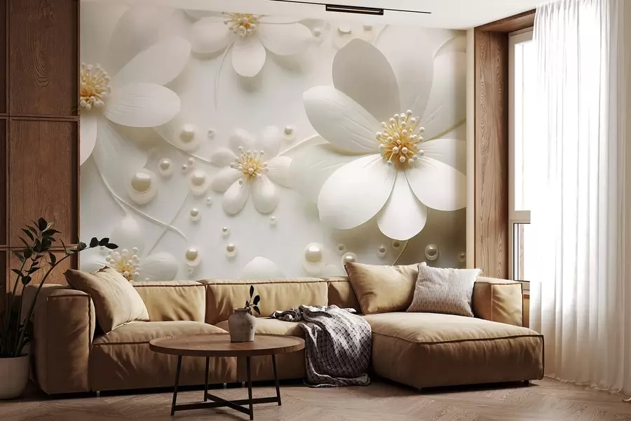 Fototapet Bílé květy s perlami rozptýlenými na bílém pozadí, elegantní a minimalistický design, texturovaný w09535