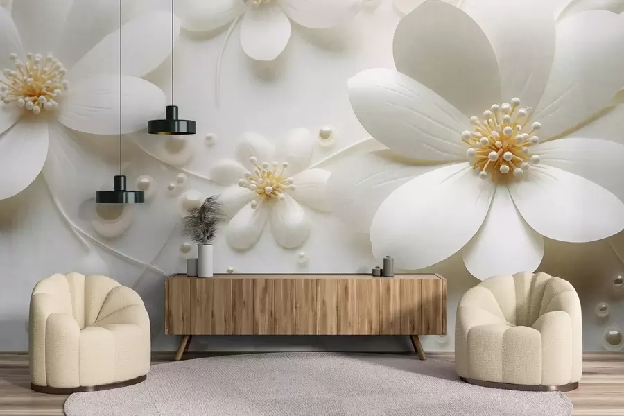 Fototapet Bílé květy s perlami rozptýlenými na bílém pozadí, elegantní a minimalistický design, texturovaný w09535