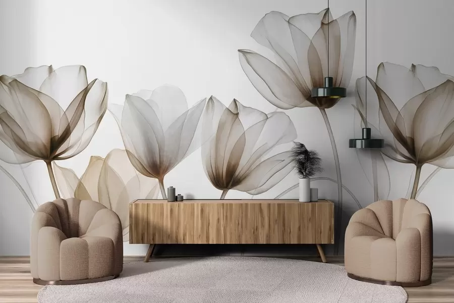 Fototapet Průsvitné hnědé a bílé tulipány s dlouhými stonky na světlém pozadí, jemné a strukturované květinové umění w09538v1