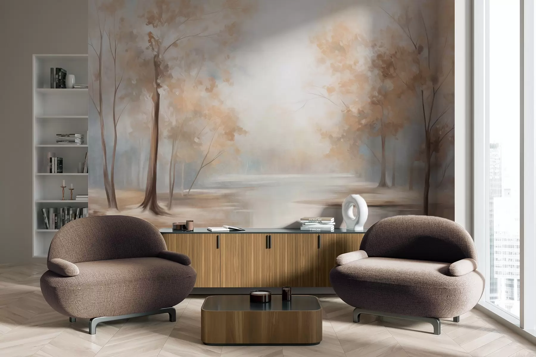 Fototapet Podzimní texturovaná krajina se stromy a řekou, jemné barvy, lehká a vzdušná atmosféra, klidná a tichá scéna w09541