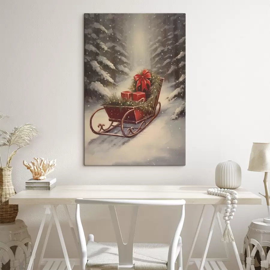 Obraz Vánoční sáně s dárky v zasněženém lese Č. s46630