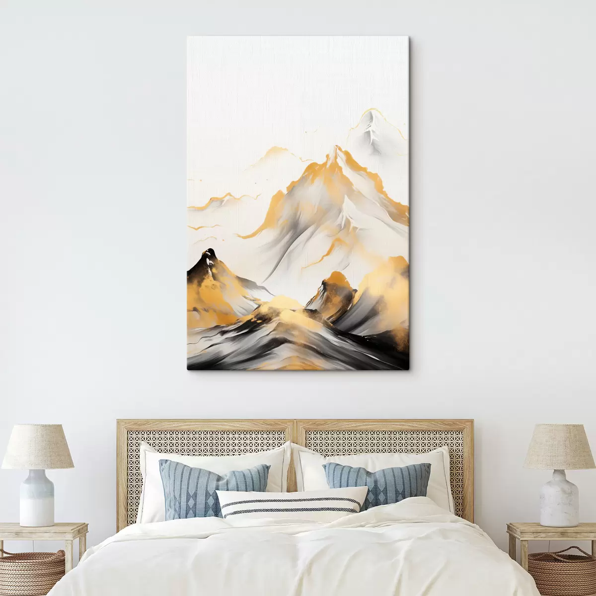 Obraz Texturované žluté a černé hory se zasněženými vrcholy, styl malby tuší, minimalistické pohoří Č. s46683