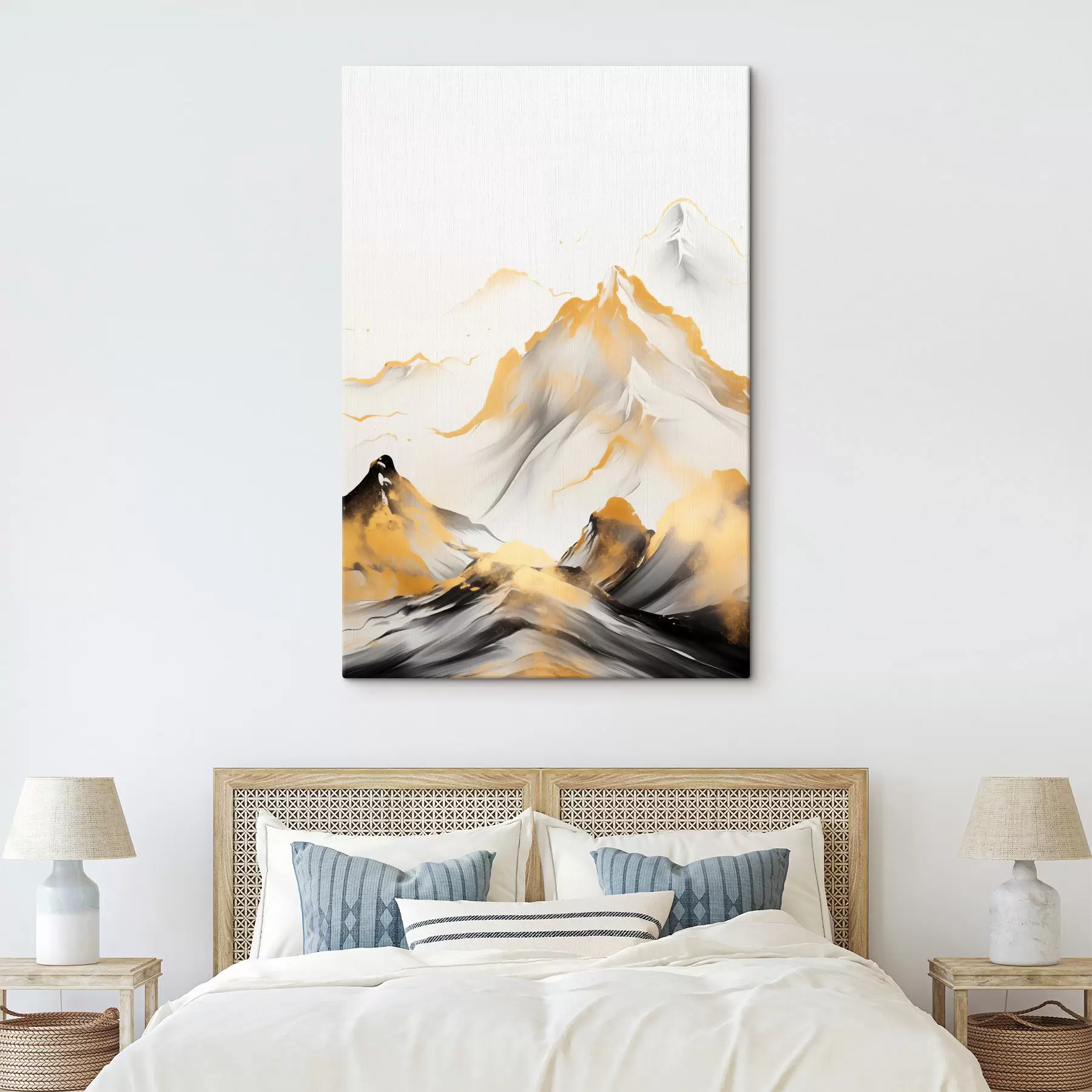 Obraz Texturované žluté a černé hory se zasněženými vrcholy, styl malby tuší, minimalistické pohoří Č. s46683