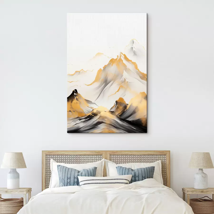 Obraz Texturované žluté a černé hory se zasněženými vrcholy, styl malby tuší, minimalistické pohoří Č. s46683