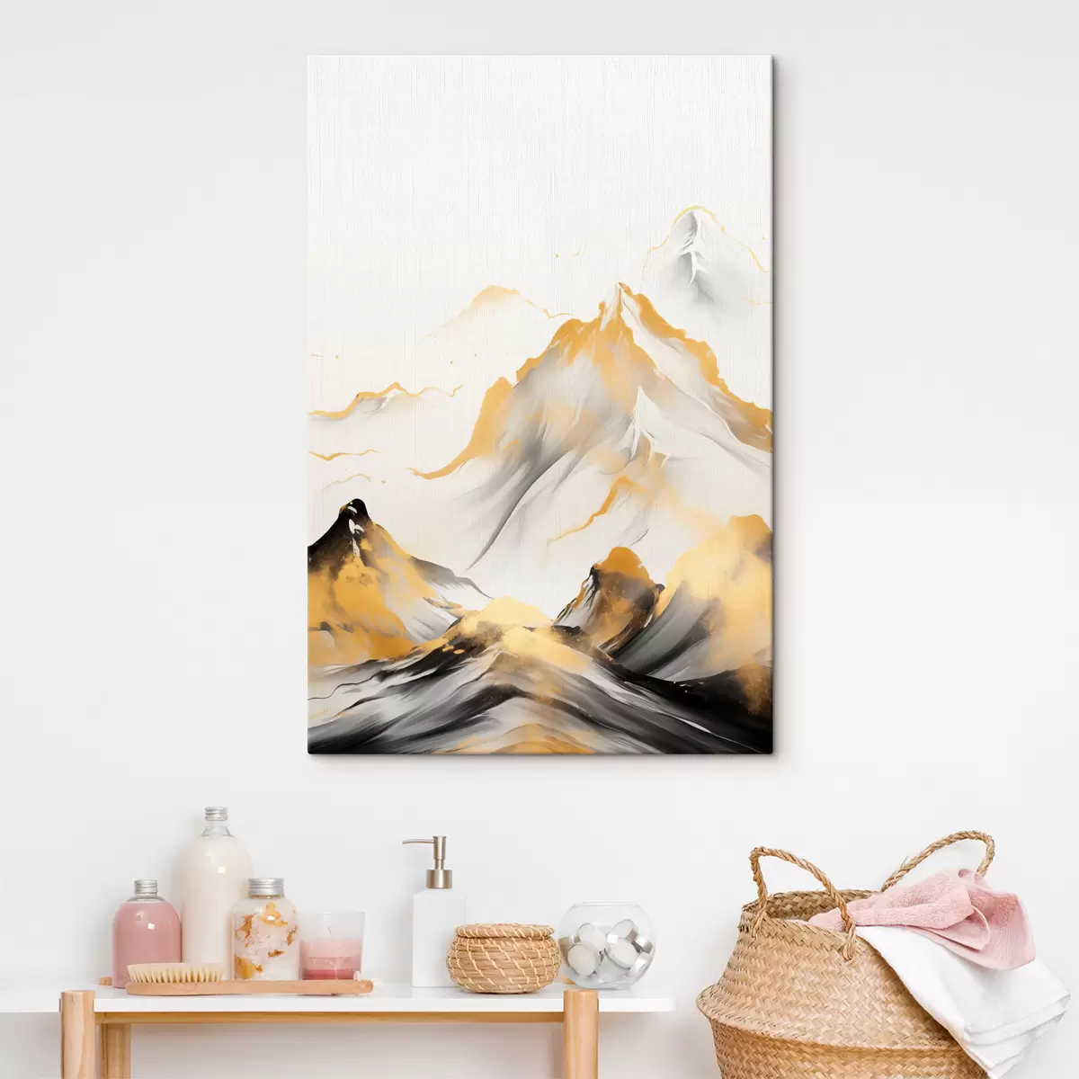 Obraz Texturované žluté a černé hory se zasněženými vrcholy, styl malby tuší, minimalistické pohoří Č. s46683